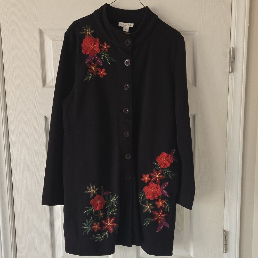 Coldwater Creek Black Sweatshirt Jacket w/ Floral Embroidery - NWOT